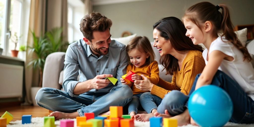 Family playing together in a cozy living room.