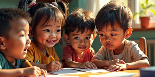 Diverse children playing together in a colorful setting.