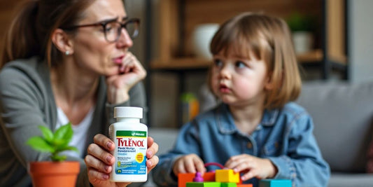 Mother holding Tylenol watching child play