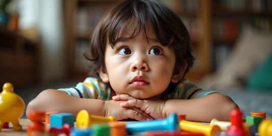 Thoughtful child surrounded by colorful toys, engaging expression.