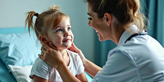 Pediatrician with child in clinical setting