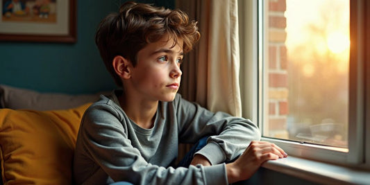 Thoughtful adolescent boy looking out a window