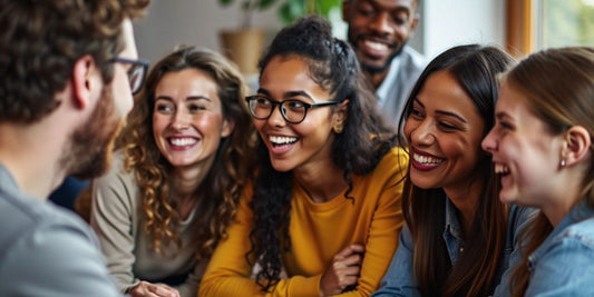 Diverse group smiling in supportive environment.