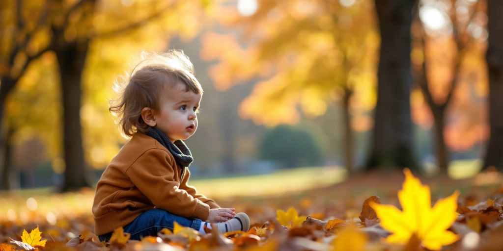 Child sitting in park with autumn leaves