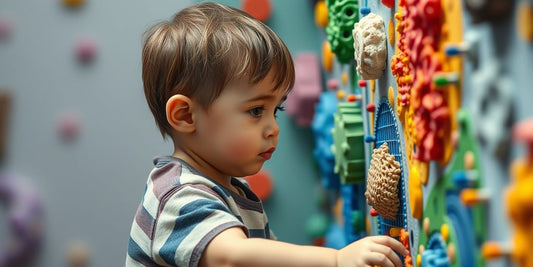 Child interacting with sensory wall art