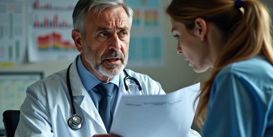 Doctor reviewing medical chart with concerned expression.