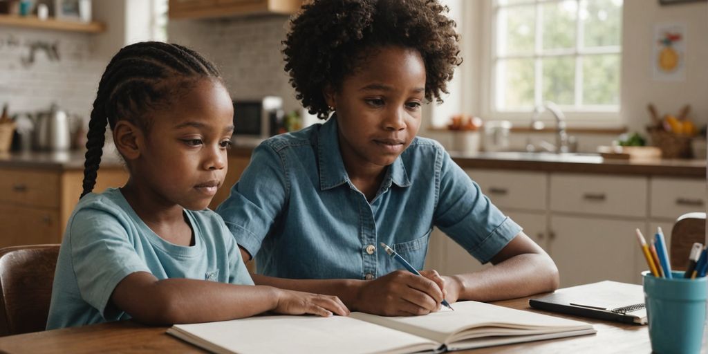 Child and caregiver with notebook