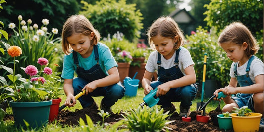 Kids using sensory-friendly tools in a colorful garden.